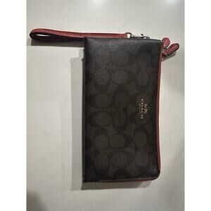 Coach Signature Wristlet Brown/Red Leather Trim – Classic Logo Print